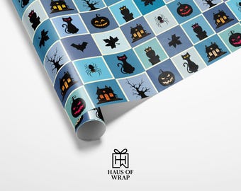 Halloween Wrapping Paper | Haunted House Pumpkin Cat Grid Gift Wrap