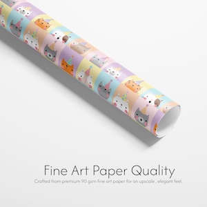 May include: Rolled paper featuring a repeating pattern of cartoon cats in party hats and pastel squares. The text "Fine Art Paper Quality" is visible. The paper is crafted from 90 gsm fine art paper.