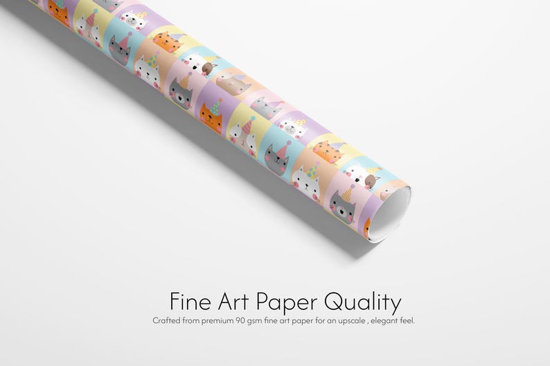 May include: Rolled paper featuring a repeating pattern of cartoon cats in party hats and pastel squares. The text "Fine Art Paper Quality" is visible. The paper is crafted from 90 gsm fine art paper.