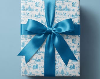 Toile Christmas Wrapping Paper, Blue Winter Scenes