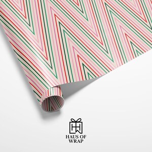 Modern Holiday Wrapping Paper | Red, Green, and Pink Zig Zag Christmas Gift Wrap image 2