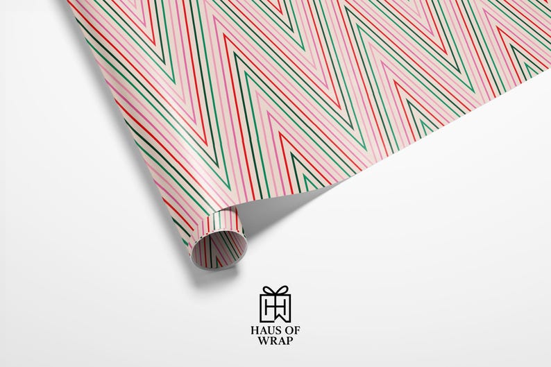 Modern Holiday Wrapping Paper | Red, Green, and Pink Zig Zag Christmas Gift Wrap image 2