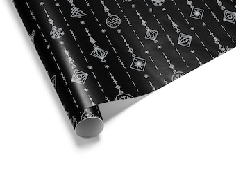 Black Christmas Wrapping Paper, Silver Ornament Gift Wrap, Modern Holiday