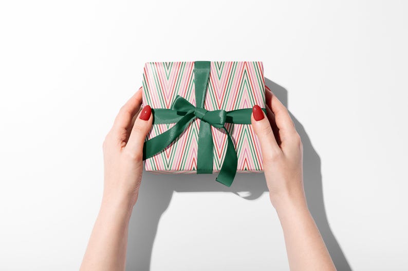 Modern Holiday Wrapping Paper | Red, Green, and Pink Zig Zag Christmas Gift Wrap image 7