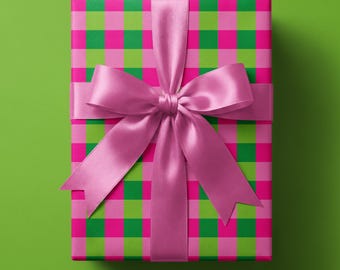 Festive Wrapping Paper | Bright Pink and Green Christmas Gift Wrap Plaid Pattern