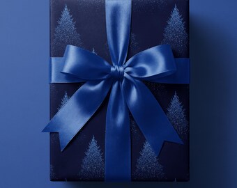 Blue Christmas Tree Gift Wrap, Moody Holiday Paper, Elegant Christmas Wrapping