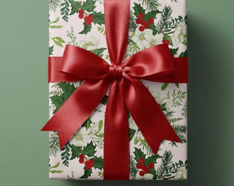 Botanical Christmas Wrapping Paper | Red Berries & Holly Gift Wrap