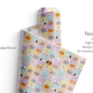 May include: A roll of wrapping paper featuring a repeating pattern of cartoon cats in party hats against a pastel backdrop. The text "Bold One-Sided Print" is visible. The text "Features: vibrant, high-resolution designs on one side for maximum visual impact" is also visible.