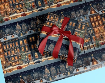 Snowy City Christmas Gift Wrap: Holiday Village Scene