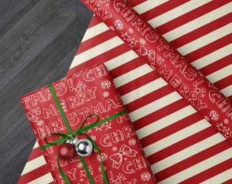 Typographic Christmas Gift Wrap, Kids Holiday Paper, Elegant Red Xmas Wrapping