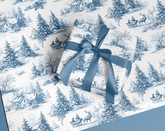 Vintage Christmas Toile Wrapping Paper: Blue French Country Gift Wrap