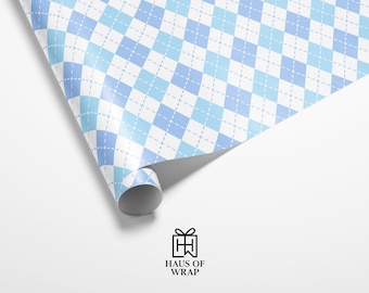 Blått Argyle-presentpapper | Klassisk babyshower- och födelsedagspresentinslagning