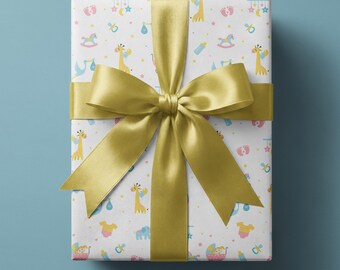 Baby Shower Wrapping Paper | Pastel Elephants, Giraffes, and Baby Icons Gift Wrap