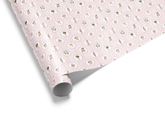 Papier cadeau Noël preppy : lutins roses et verts aquarelles, arbres