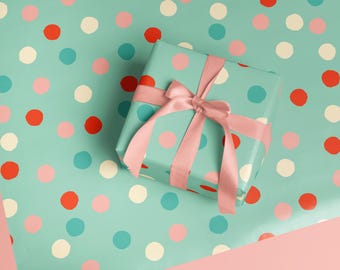 Papel de regalo navideño retro, papel de regalo kitsch de lunares estilo años 50