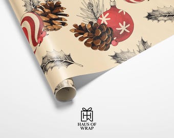 Vintage Ornament Wrapping Paper | Christmas Gift Wrap with Holly, Pinecones, and Baubles