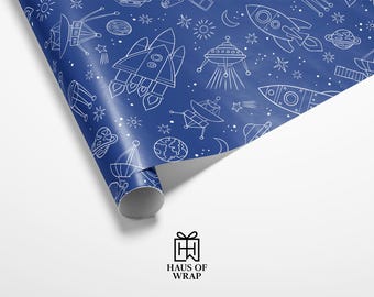 Papel de regalo con diseño de cohete / Papel de regalo azul con temática espacial para cumpleaños y celebraciones infantiles