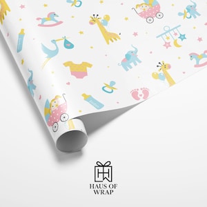 Papel de regalo para baby shower / Papel de regalo con elefantes, jirafas e íconos de bebés en tonos pastel