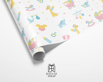 Inpakpapier babyshower | Cadeaupapier pastel olifanten, giraffen en babyiconen