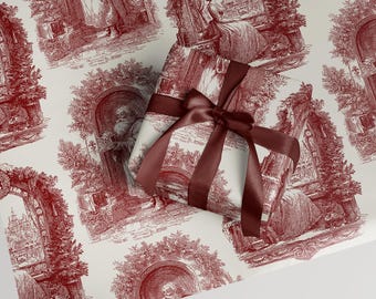 Red Toile Christmas Gift Wrap, Vintage Elegant Holiday Paper, French Country Xmas