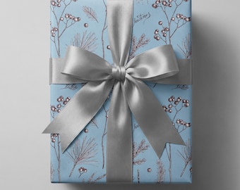Blue Christmas Gift Wrap, Elegant Botanical Holiday Paper, Merry Christmas Script
