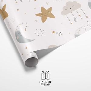 Papel de regalo Sleepy Sky / Papel de regalo para baby shower con diseño de luna, estrellas y nubes