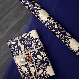 Copper Floral Christmas Gift Wrap, Elegant Holiday Paper, Navy Blue Moody Xmas