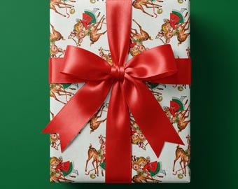 Retro Weihnachtsgeschenkpapier, 1950er Jahre Vintage Rehkitz Geschenkpapier für Feiertage