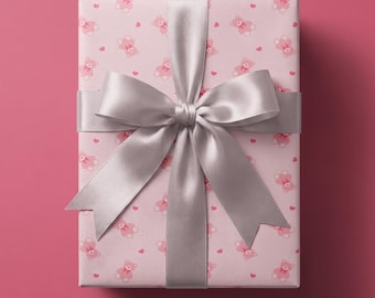 Papel de embrulho com ursinho de pelúcia rosa, ideal para presentear bebê menina, estilo Coquette.