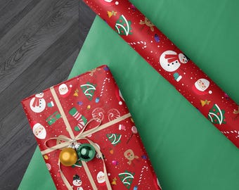 Festive Christmas Gift Wrap, Holiday Icons, Santa, Snowman