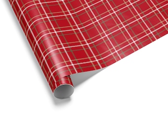 Papel de regalo festivo / Papel de regalo navideño de tartán rojo con estampado de cuadros blancos y verdes