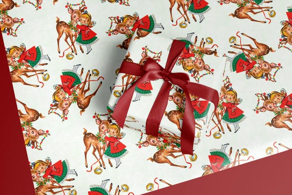Retro Christmas Wrapping Paper, Kitschy 1950s Vintage Fawn Gift Wrap for Holidays