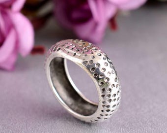 Textured Sterling Silver Band Ring - Chunky Boho Dot Ring, Unique Hammered Statement Ring, Sterling Silver