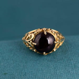 Vintage Brass Garnet Ring – Handmade Filigree Design with Deep Red Gemstone, Antique Boho Statement Jewelry for Women