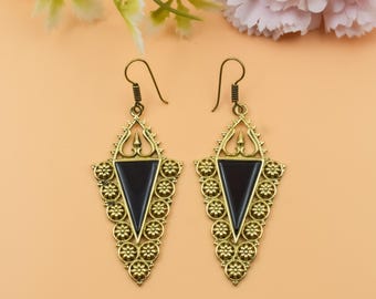 Pendants d'oreilles en onyx noir | Bijoux tendance en laiton vintage | Pendantes bohèmes | Cadeau ethnique indien