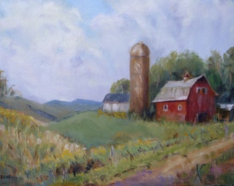 Wisconsin Landscape Red Barn Original Oil Painting Rural Scene Red Green