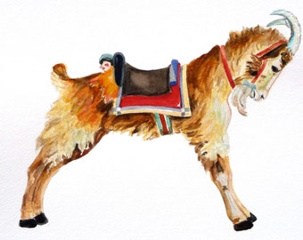 Original Watercolor Carousel Goat Carousel Animal Childs Room Decor