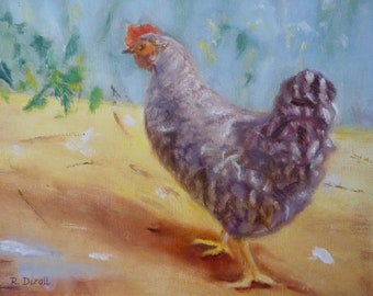 Original Oil Painting Black And White Speckled French Hen Renate Diroll 8x10