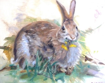 Original Fine Art Painting Bunny With Dandelion 8" x 10" Home Decor Nursery