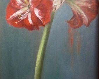 Original Painting, Red Amaryllis, Flower, Floral, Garden, Nature, Xmas, Bulb