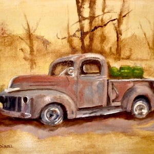 Original Oil Painting Antique Red Truck Americana Art Vintage Vehicle Art Classic Car Painting Truck Lover Gift