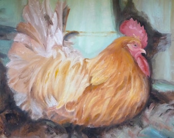 Original Oil Painting Resting Brown Chicken Farm Animal Barnyard Kitchen Art  French Country