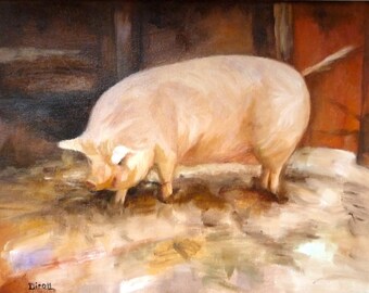 Little Piggy Original Oil Painting Livestock Animal Kitchen Art 11" x 14"