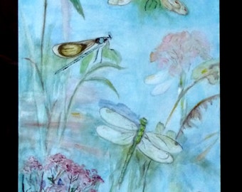 Dragonflies 2 Original Watercolor Fine Art Nature Painting Wall Decor