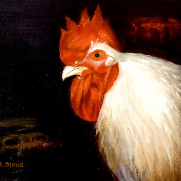 White Rooster Original Oil 11x14  Signed  Unframed Free Shipping