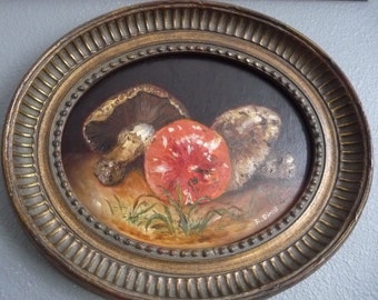 Mushrooms Original Oil Painting Oval Frame