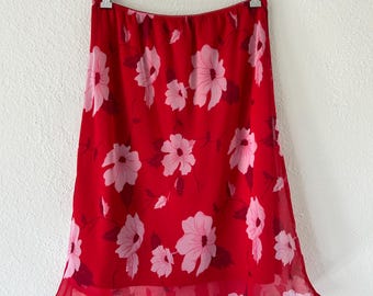 Y2K Vintage Red and Pink Floral Boho Hippie Whimsical Flowy Midi Skirt Spring Summer Women’s Medium M