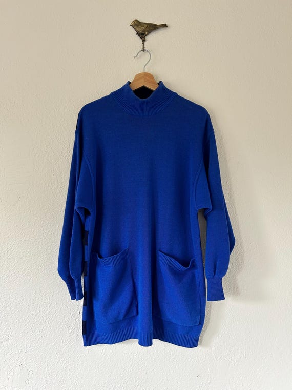 Vintage 80s Royal and Navy Blue Wool Striped Mock Neck Oversized Sweater Dress Women’s Medium/Large (M/L)