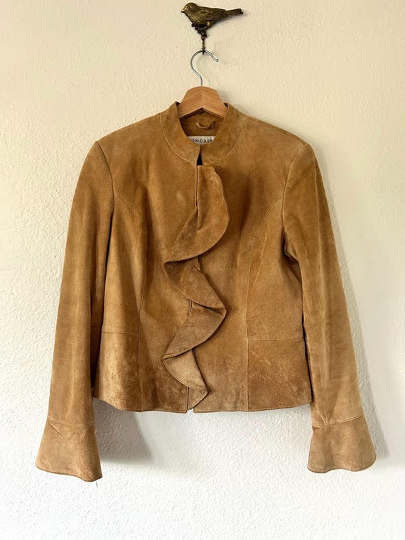 Vintage Y2K Doncaster Signature Tan Brown Front Ruffle Stand Collar Flared Cuff Zip Up Suede Leather Jacket Women’s Medium (M)
