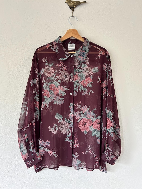 Laura Ashley, 90s Vintage Laura Ashley Sheer Plum Purple Romantic Boho Floral Long Sleeve Button Up Flowy Collared Blouse Women’s Large (L)